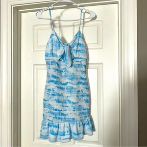 ACOA blue shirred ruffle hem tie dye mini dress
